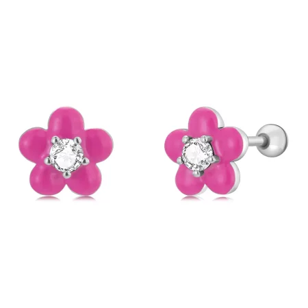 Pandora Style Fluorescent Pink Flowers Stud Earrings - SCE1353