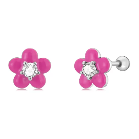 Pandora Style Fluorescent Pink Flowers Stud Earrings - SCE1353