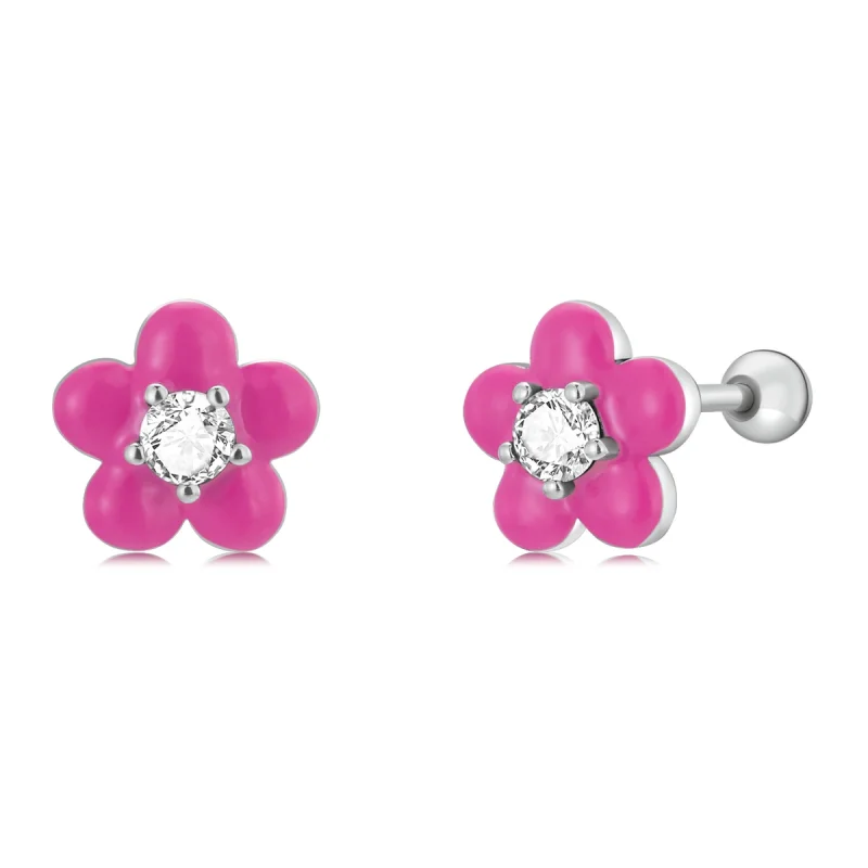 (image for) Pandora Style Fluorescent Pink Flowers Stud Earrings - SCE1353 - Product Image