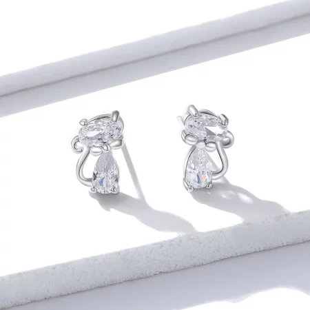 Pandora Style Four Corner Stone Kitten Stud Earrings - BSE206