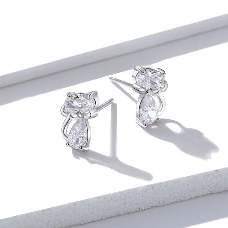(image for) Pandora Style Four Corner Stone Kitten Stud Earrings - BSE206 - View 4