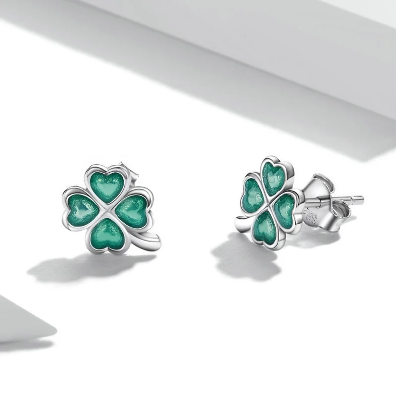 (image for) Pandora Style Four Leaf Clover Stud Earrings - SCE1346 - View 3