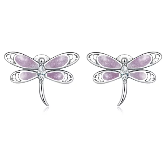 Pandora Style Girl Pink Dragonfly Stud Earrings - SCE1414