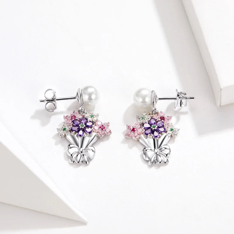 (image for) Pandora Style Holding Flowers Stud Earrings - BSE152 - View 4