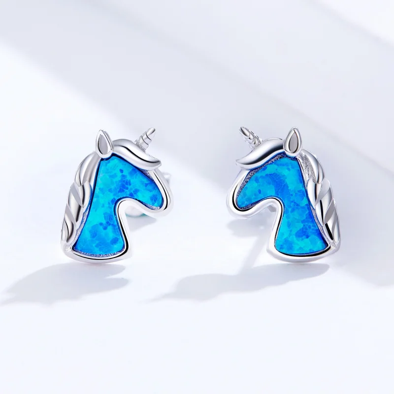 (image for) Pandora Style Light Blue Opal Unicorn Stud Earrings - SCE815-A - View 2