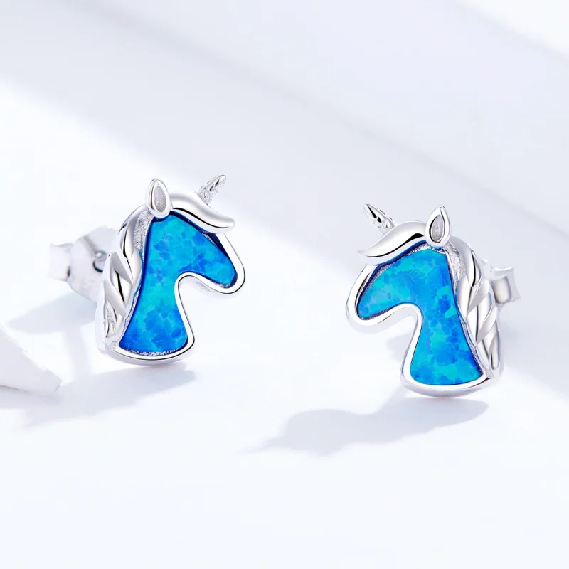 (image for) Pandora Style Light Blue Opal Unicorn Stud Earrings - SCE815-A - View 3
