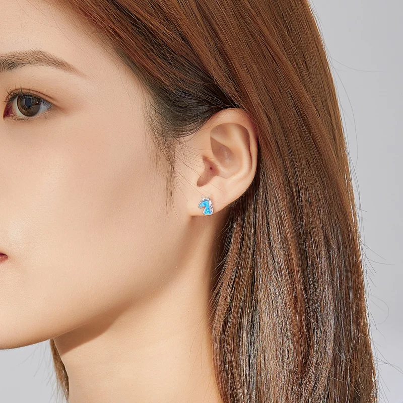 (image for) Pandora Style Light Blue Opal Unicorn Stud Earrings - SCE815-A - View 5