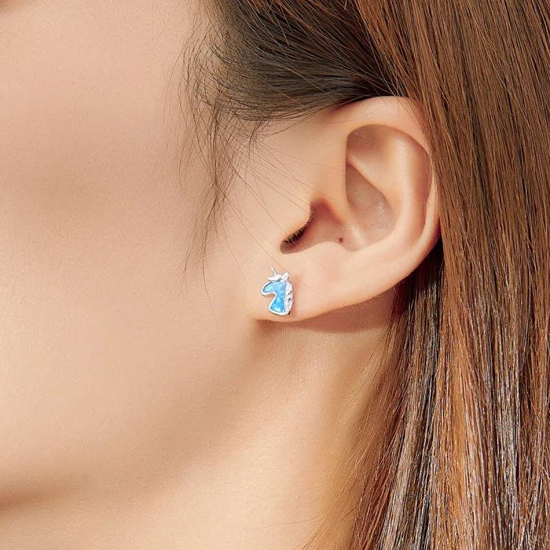 (image for) Pandora Style Light Blue Opal Unicorn Stud Earrings - SCE815-A - View 6