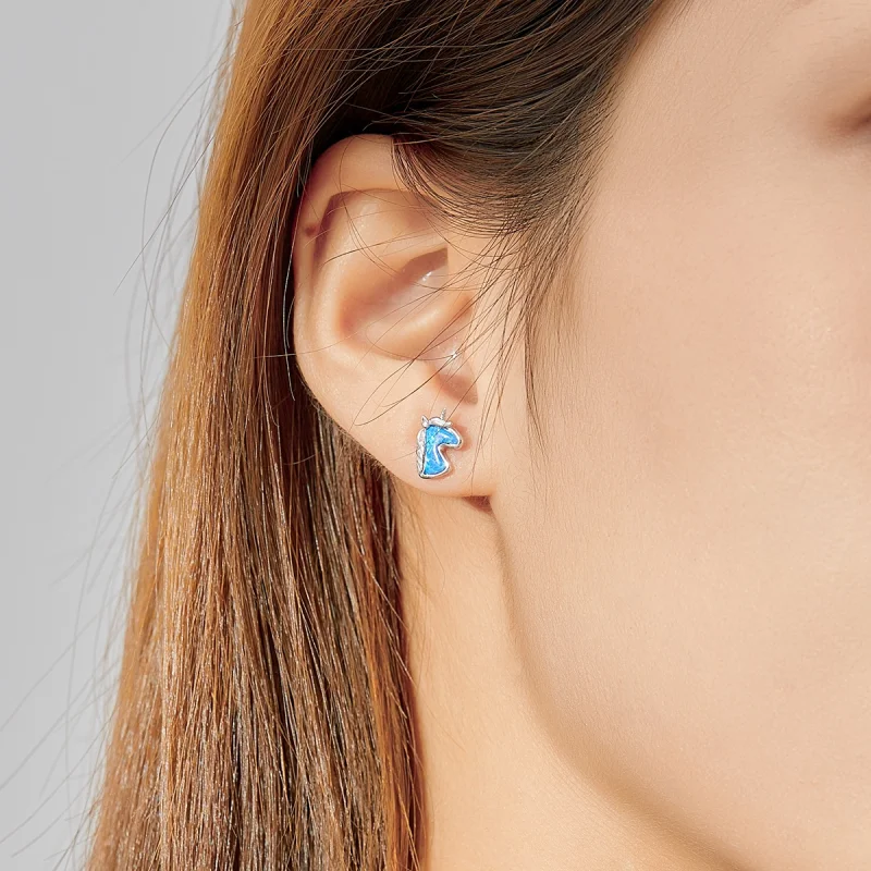 (image for) Pandora Style Light Blue Opal Unicorn Stud Earrings - SCE815-A - View 7