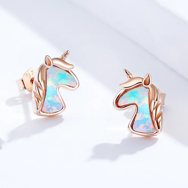 (image for) Pandora Style Ocean Blue Opal Unicorn Stud Earrings - SCE815-C - View 4