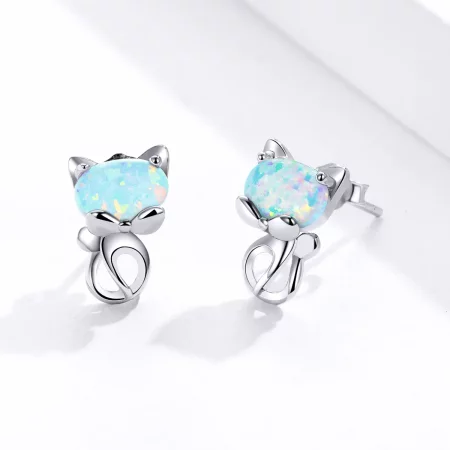 Pandora Style Opal Cute Cat Stud Earrings - SCE828