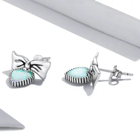 Pandora Style Opal Heart Bow Stud Earrings - SCE1374