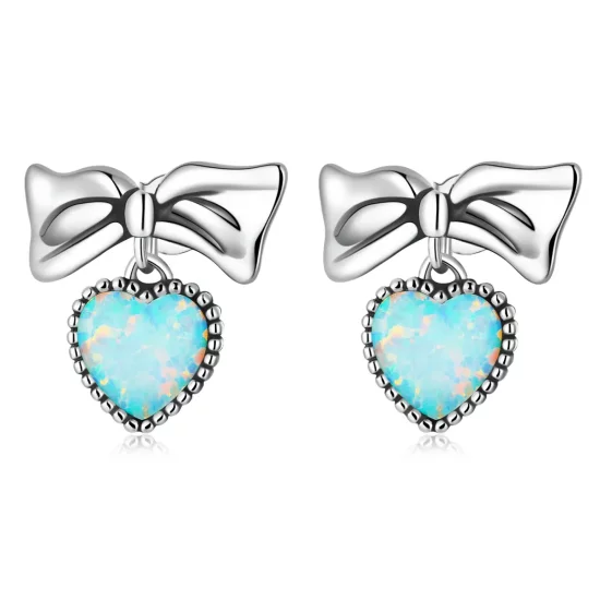 Pandora Style Opal Heart Bow Stud Earrings - SCE1374