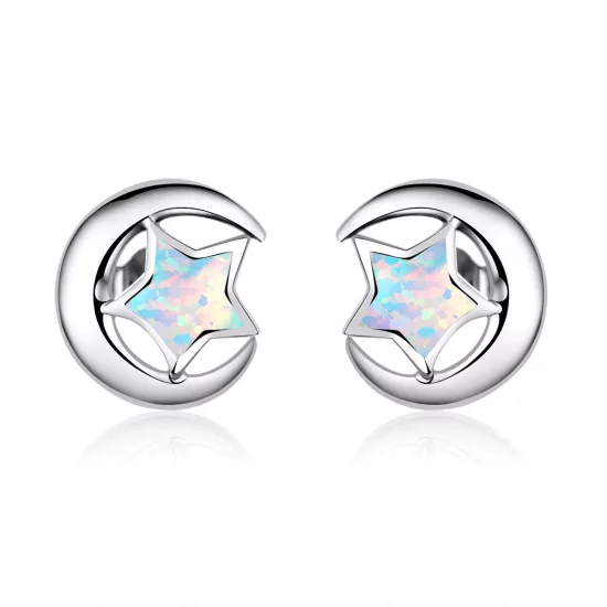 Pandora Style Opal Moon Stud Earrings - SCE816-A