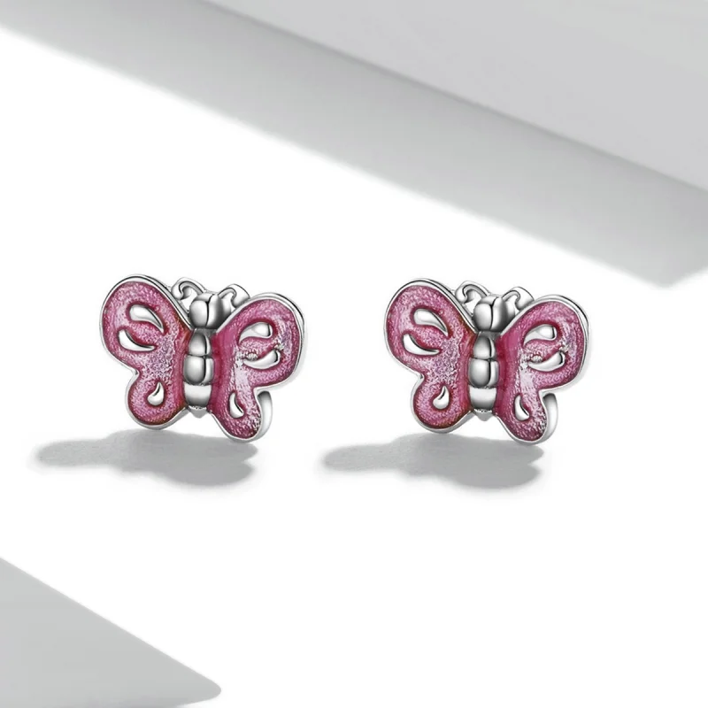 (image for) Pandora Style Pink Butterfly Stud Earrings - SCE1344 - View 2