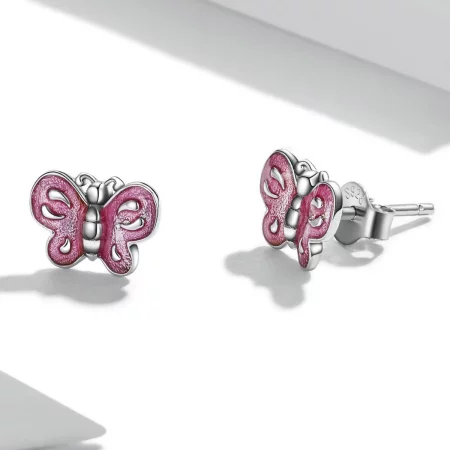 Pandora Style Pink Butterfly Stud Earrings - SCE1344