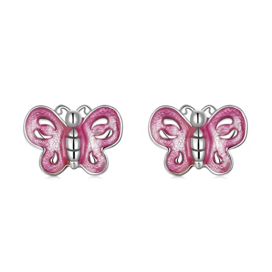 Pandora Style Pink Butterfly Stud Earrings - SCE1344