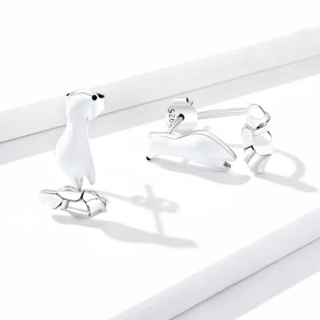 Pandora Style Polar Bear On Cracked Ice Stud Earrings - BSE347