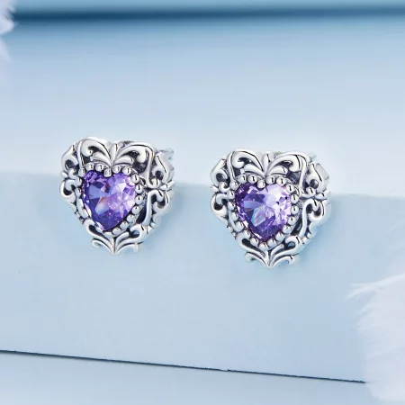 Pandora Style Purple Zircon Heart Stud Earrings - BSE695