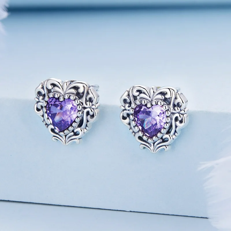 (image for) Pandora Style Purple Zircon Heart Stud Earrings - BSE695 - View 2