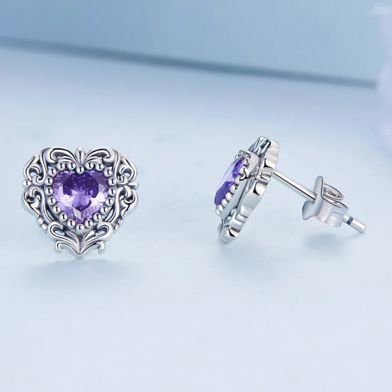(image for) Pandora Style Purple Zircon Heart Stud Earrings - BSE695 - View 3