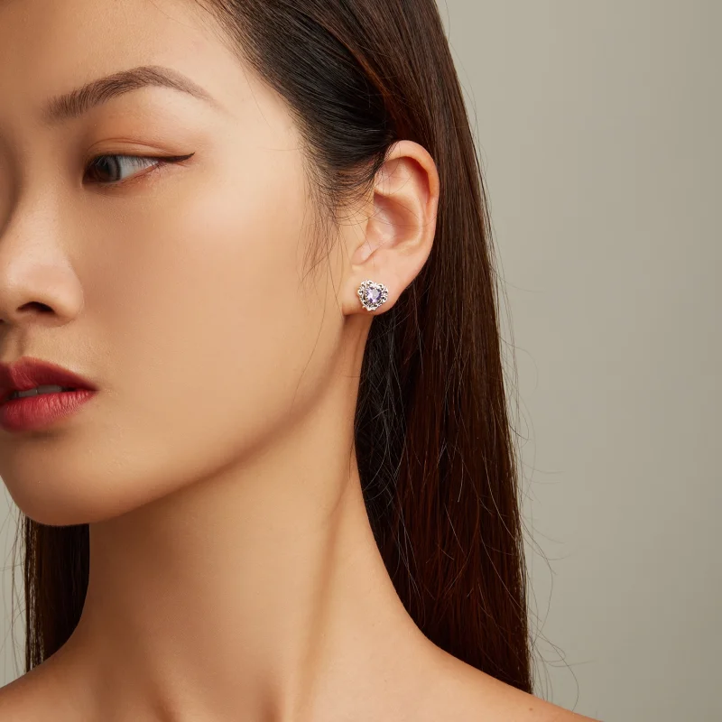 (image for) Pandora Style Purple Zircon Heart Stud Earrings - BSE695 - View 6