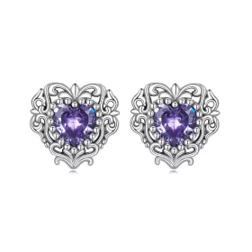 Pandora Style Purple Zircon Heart Stud Earrings - BSE695