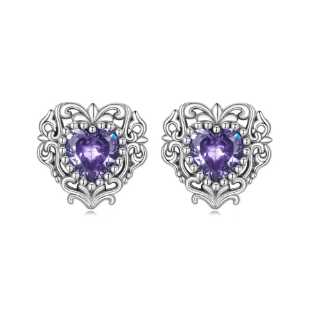 Pandora Style Purple Zircon Heart Stud Earrings - BSE695