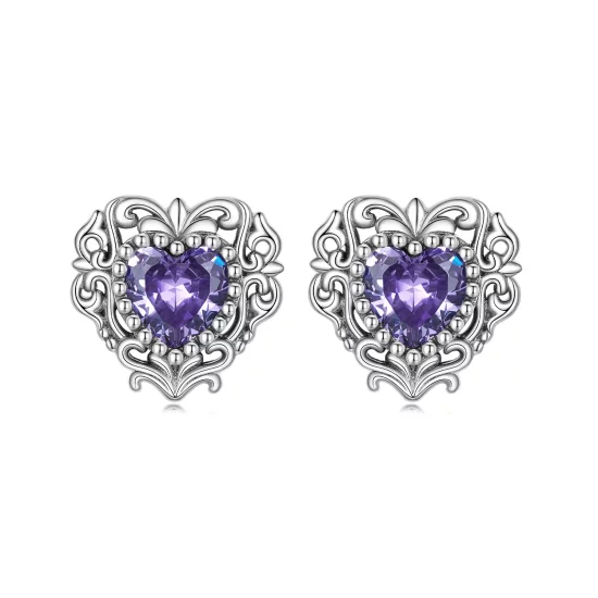 Pandora Style Purple Zircon Heart Stud Earrings - BSE695