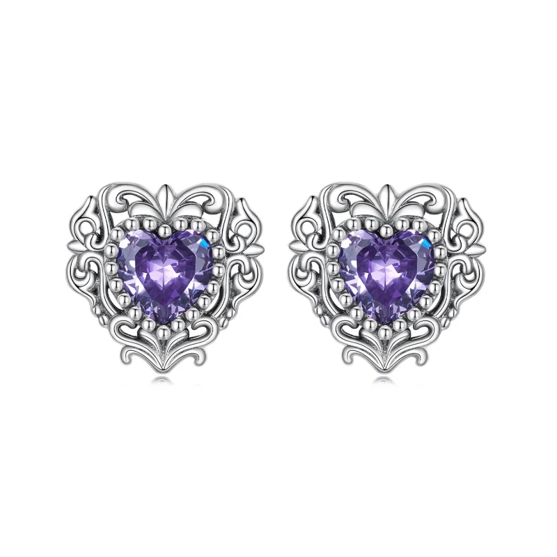 (image for) Pandora Style Purple Zircon Heart Stud Earrings - BSE695 - Product Image