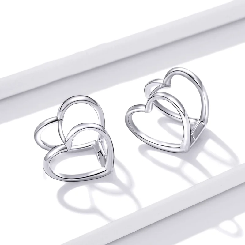 (image for) Pandora Style Simple - Double Heart Stud Earrings - BSE501 - View 4