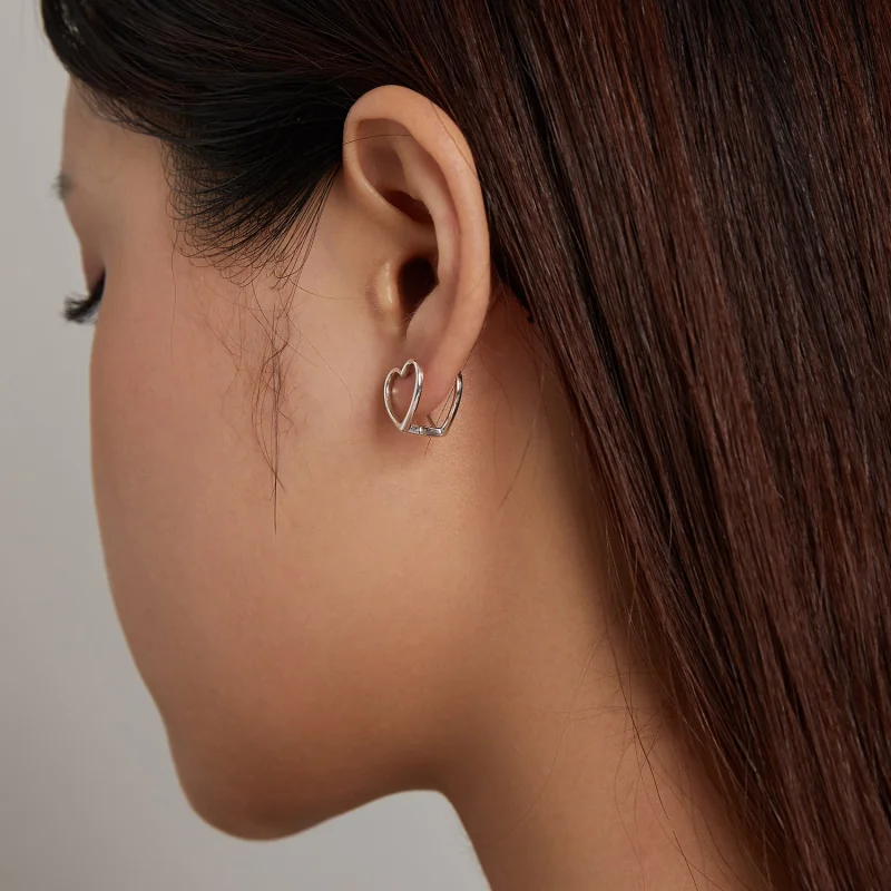 (image for) Pandora Style Simple - Double Heart Stud Earrings - BSE501 - View 7