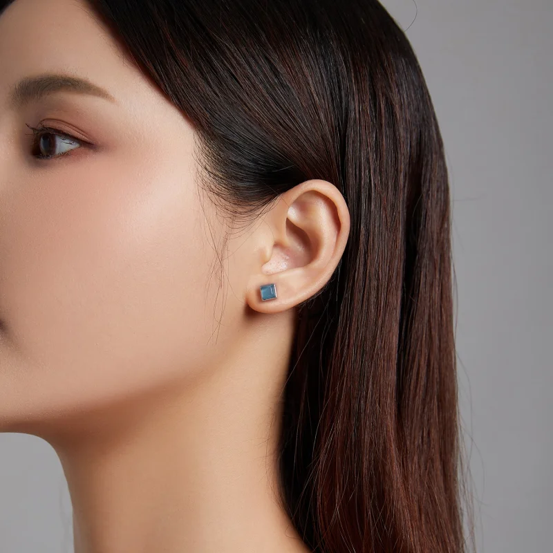 (image for) Pandora Style Simple Geometry - Blue Cat's Eye Stud Earrings - SCE1269-BU - View 3