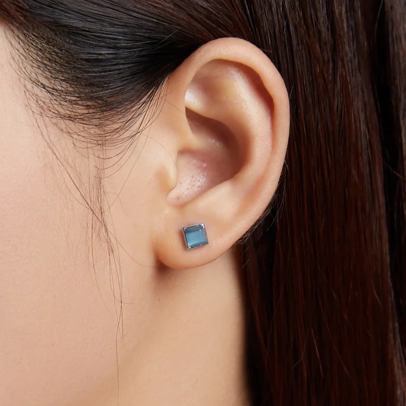 (image for) Pandora Style Simple Geometry - Blue Cat's Eye Stud Earrings - SCE1269-BU - View 5