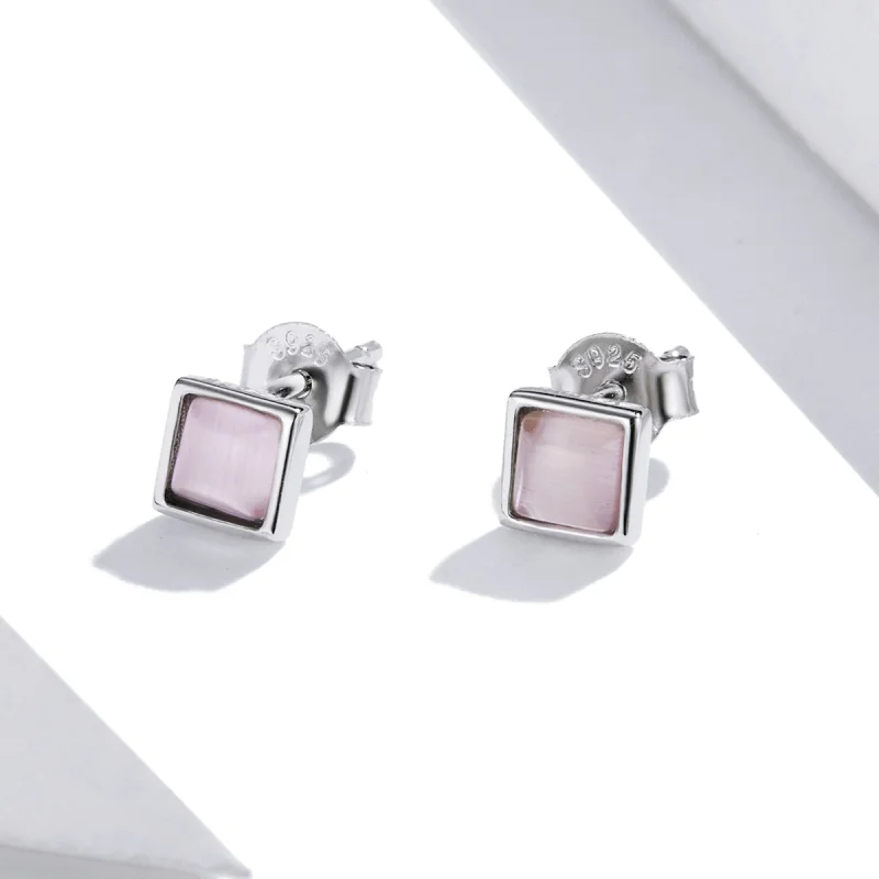 (image for) Pandora Style Simple Geometry - Pink Cat's Eye Stud Earrings - SCE1269-PK - View 2