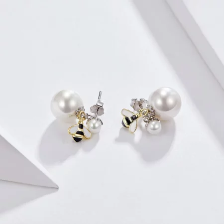 Pandora Style Woman Bee and Pearl Stud Earrings - SCE232
