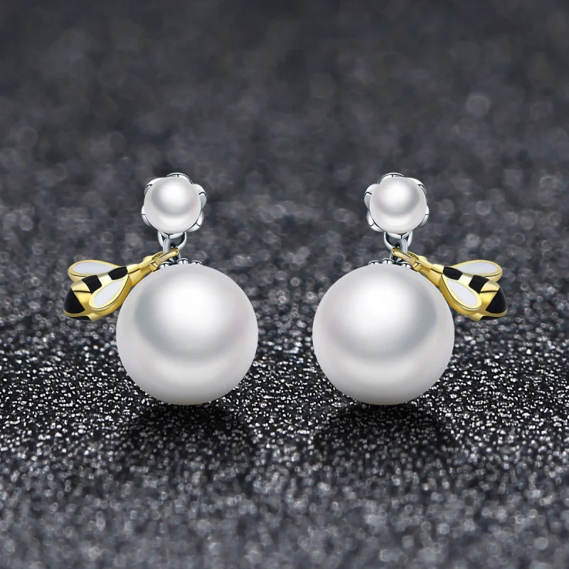 (image for) Pandora Style Woman Bee and Pearl Stud Earrings - SCE232 - View 4
