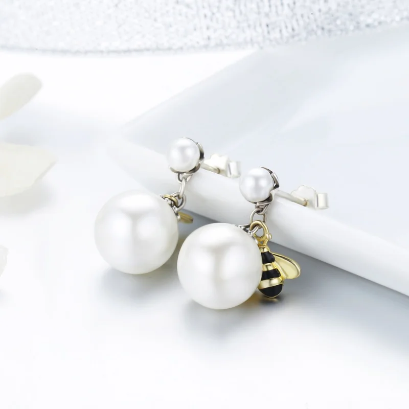 (image for) Pandora Style Woman Bee and Pearl Stud Earrings - SCE232 - View 5