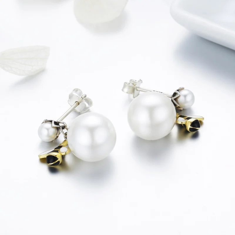 (image for) Pandora Style Woman Bee and Pearl Stud Earrings - SCE232 - View 6