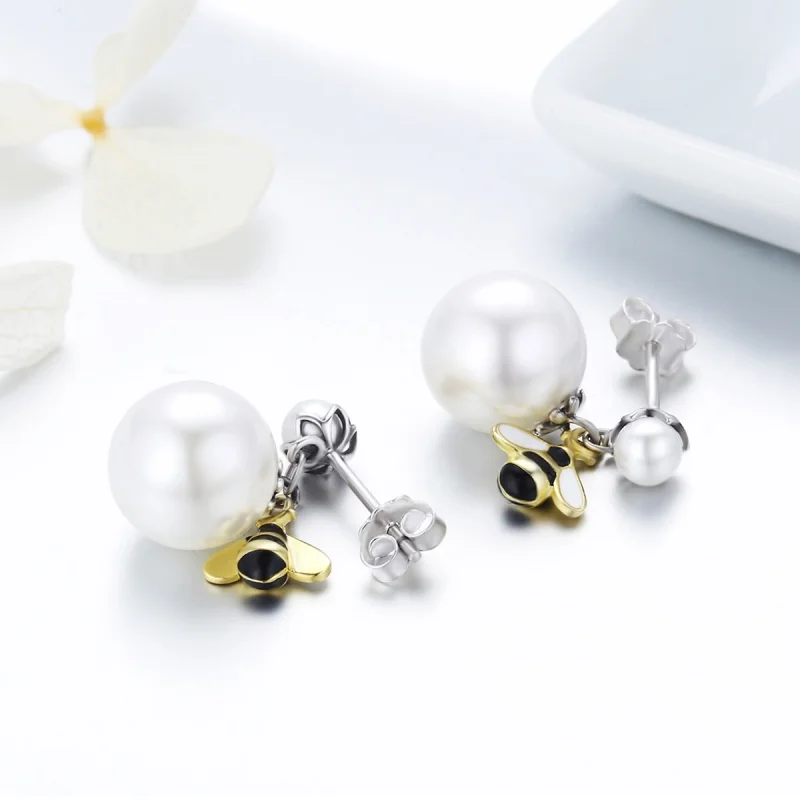 (image for) Pandora Style Woman Bee and Pearl Stud Earrings - SCE232 - View 7