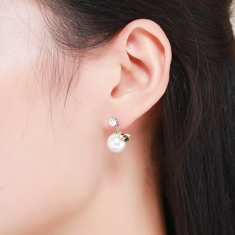 (image for) Pandora Style Woman Bee and Pearl Stud Earrings - SCE232 - View 8