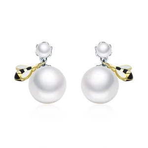 (image for) Pandora Style Woman Bee and Pearl Stud Earrings - SCE232