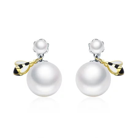 Pandora Style Woman Bee and Pearl Stud Earrings - SCE232