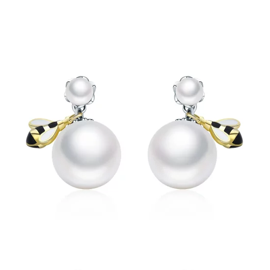 Pandora Style Woman Bee and Pearl Stud Earrings - SCE232
