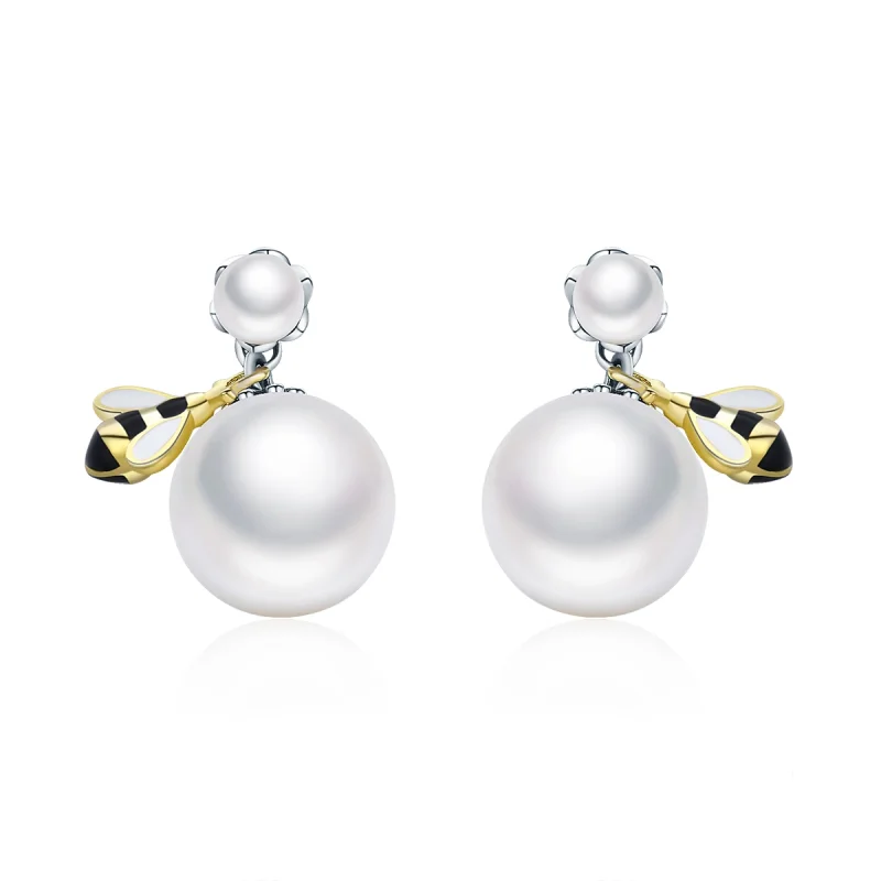 (image for) Pandora Style Woman Bee and Pearl Stud Earrings - SCE232 - Product Image