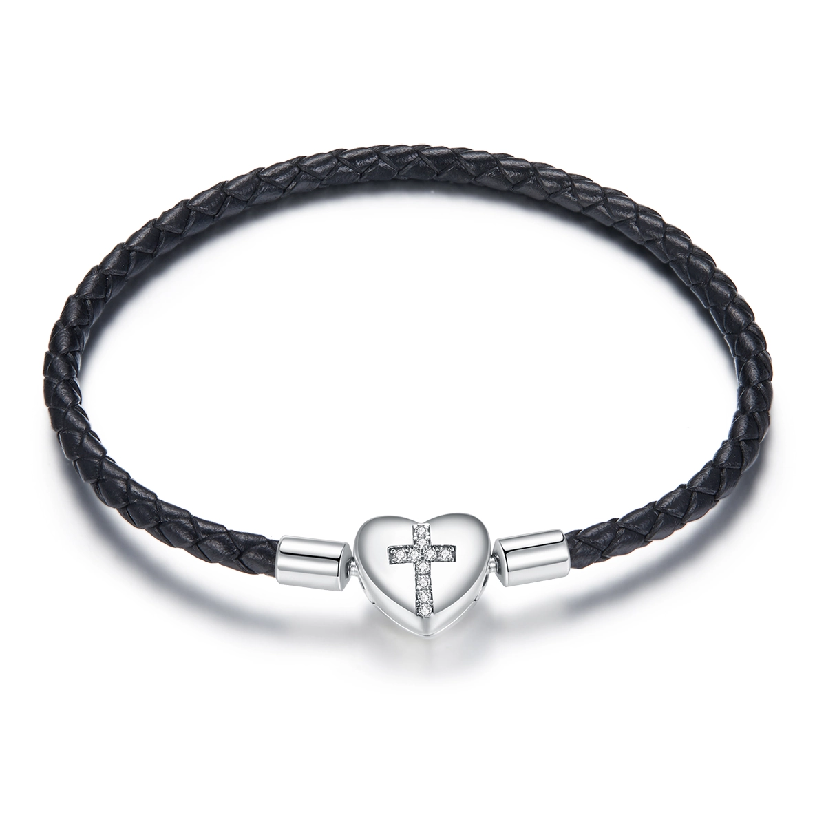 (image for) Pandora Style Silver Christening Cross Leather bracelet - SCB205 - Click Image to Close