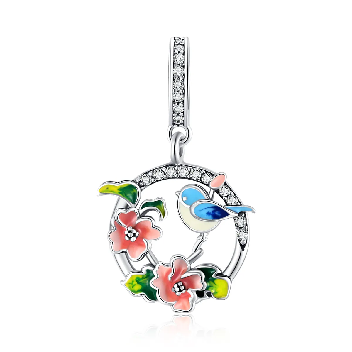 pandora style silver birds flowers dangle scc1726