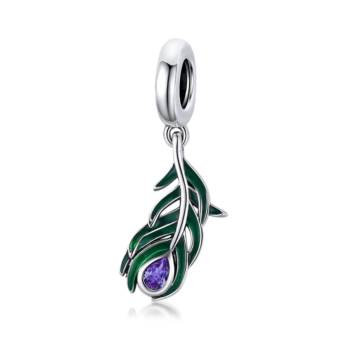 pandora style silver peacok feather dangle scc1704
