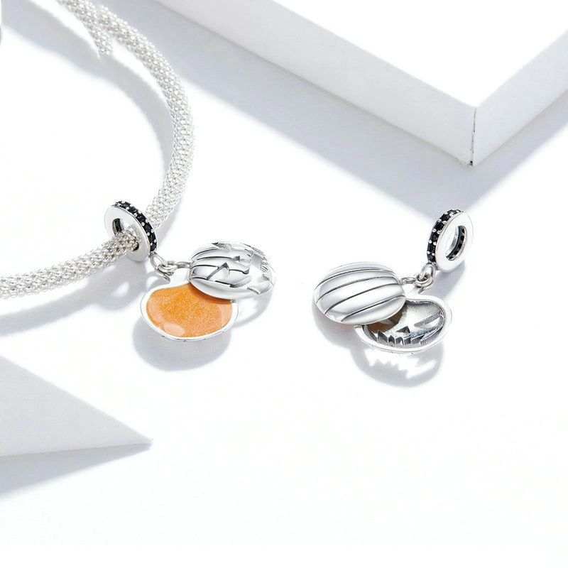 (image for) Pandora Style Silver Halloween Evil Pumpkin Smiley Face Dangle - SCC1620 - View 3