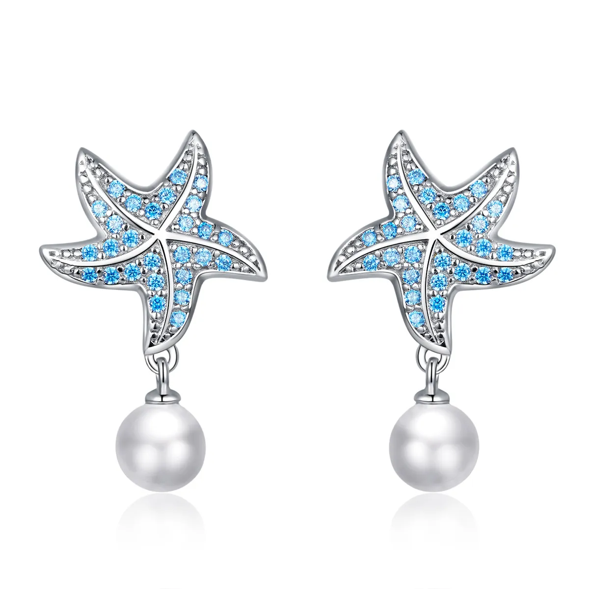 Pandora Style Silver Starfish With Pearls Stud Earrings - BSE405